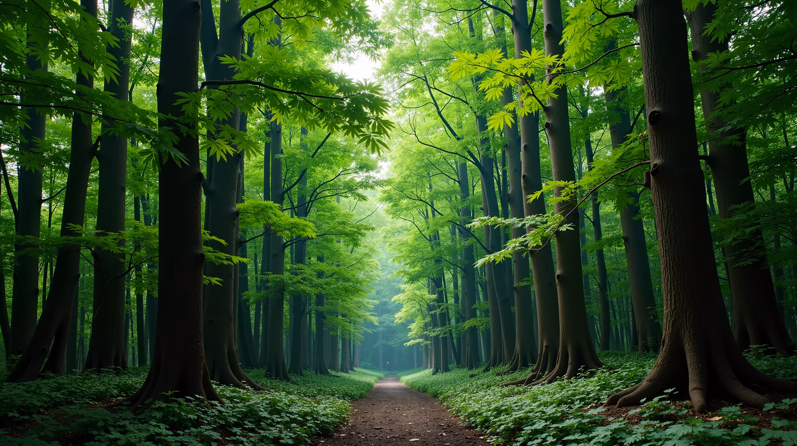 A peaceful forest pathway surrounded by tall trees and vibrant greenery.