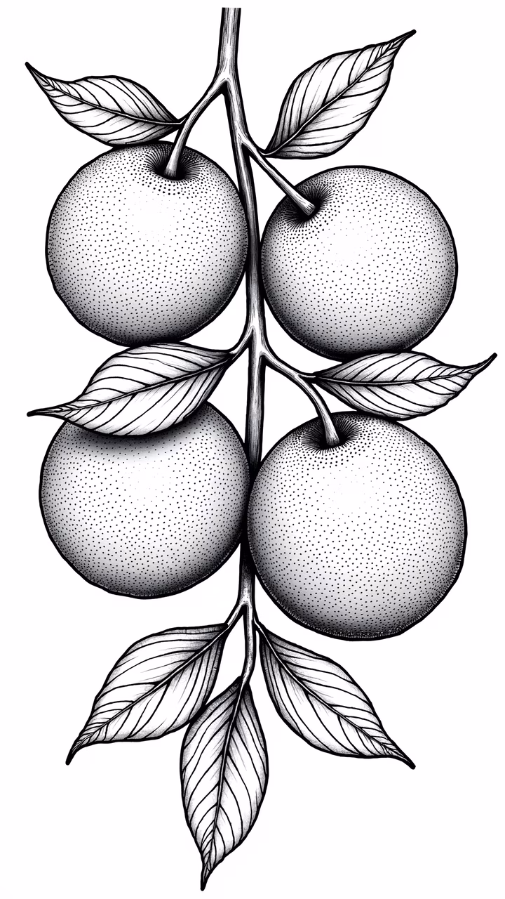 Detailed black-and-white illustration of four apples on a branch, emphasizing texture and natural beauty.
