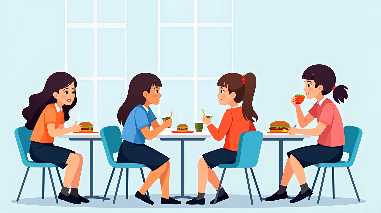 Four girls enjoying their lunch in a cozy café setting.