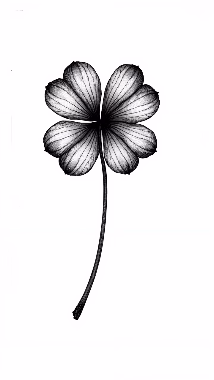 Monochrome illustration of a four-leaf clover, emphasizing natural beauty and detail.