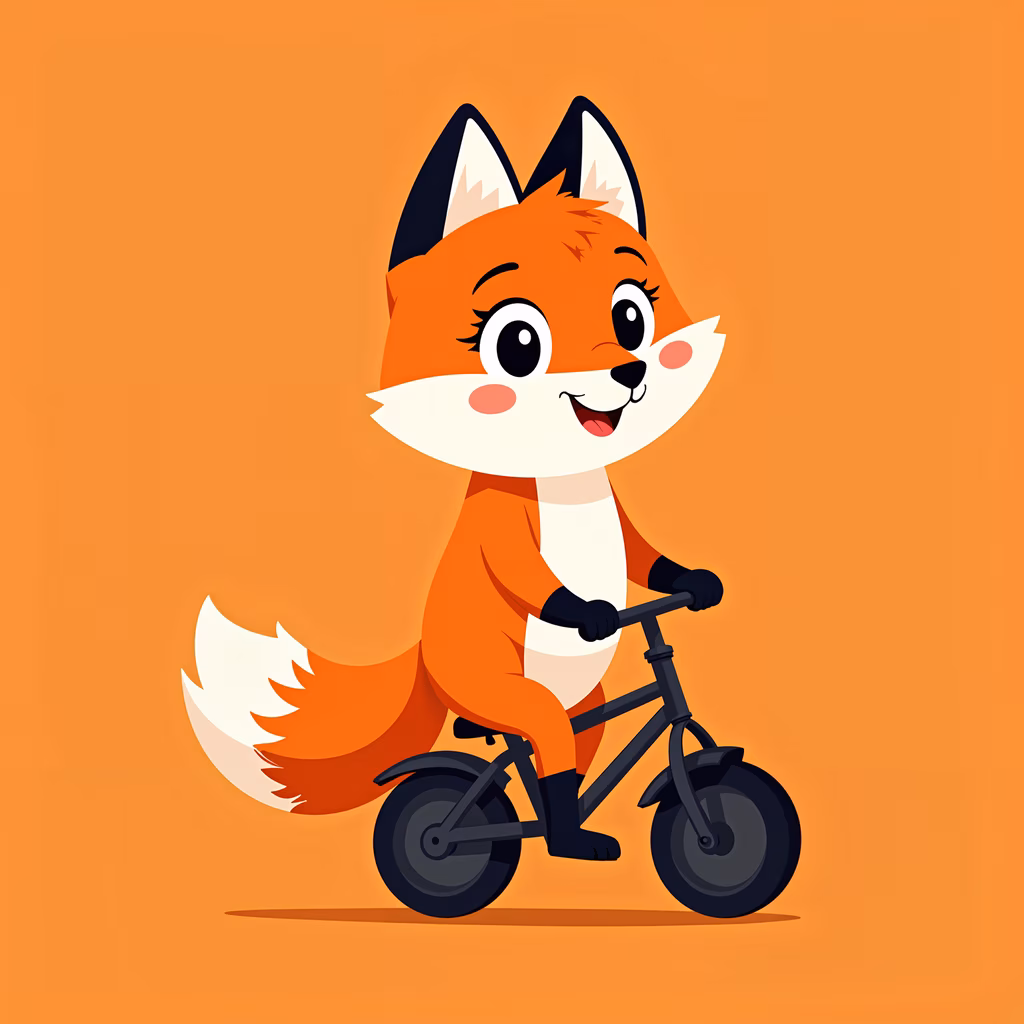 Cute fox riding a bicycle on a bright orange background.