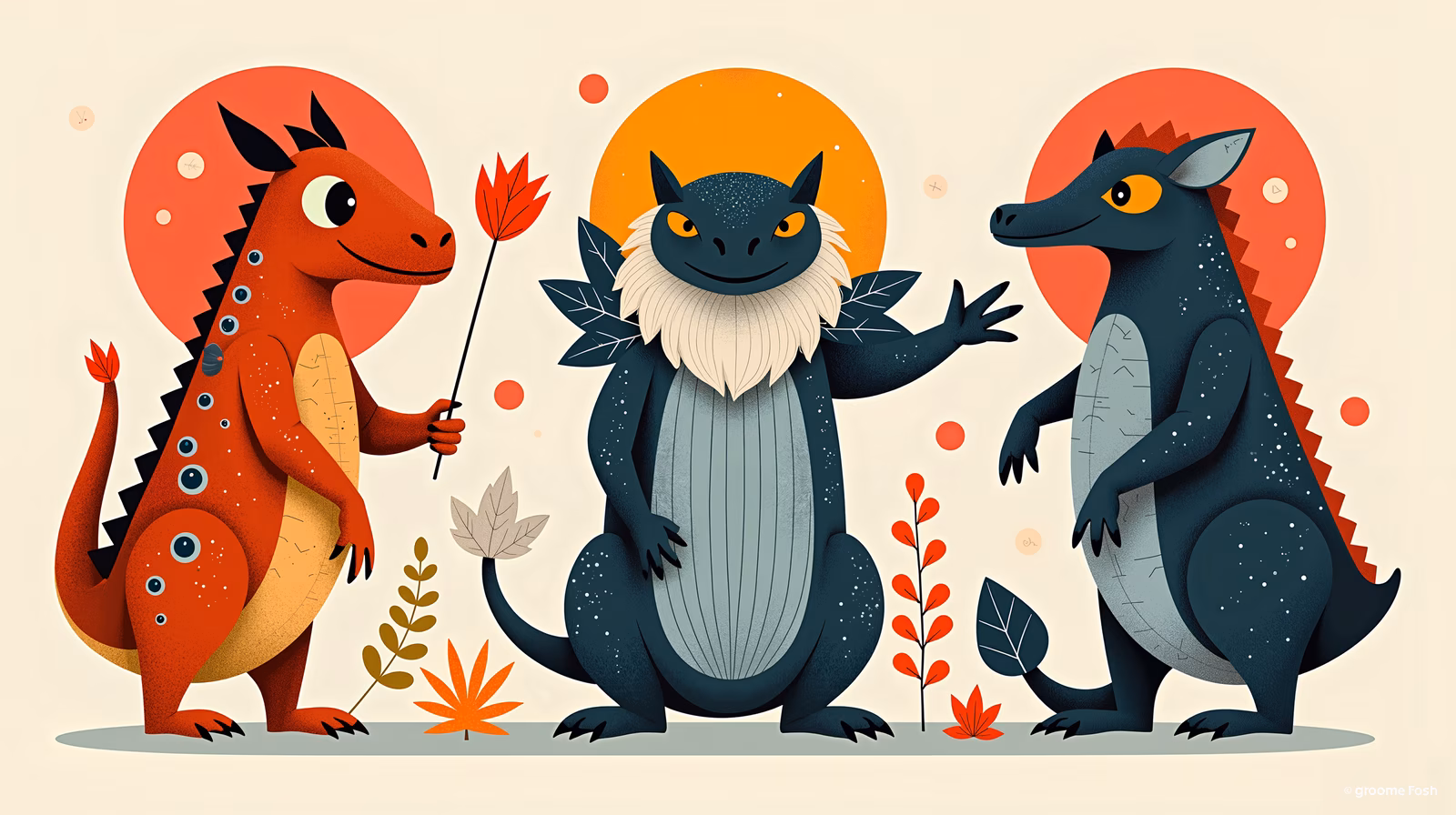 Three cheerful dragons in a colorful forest scene.