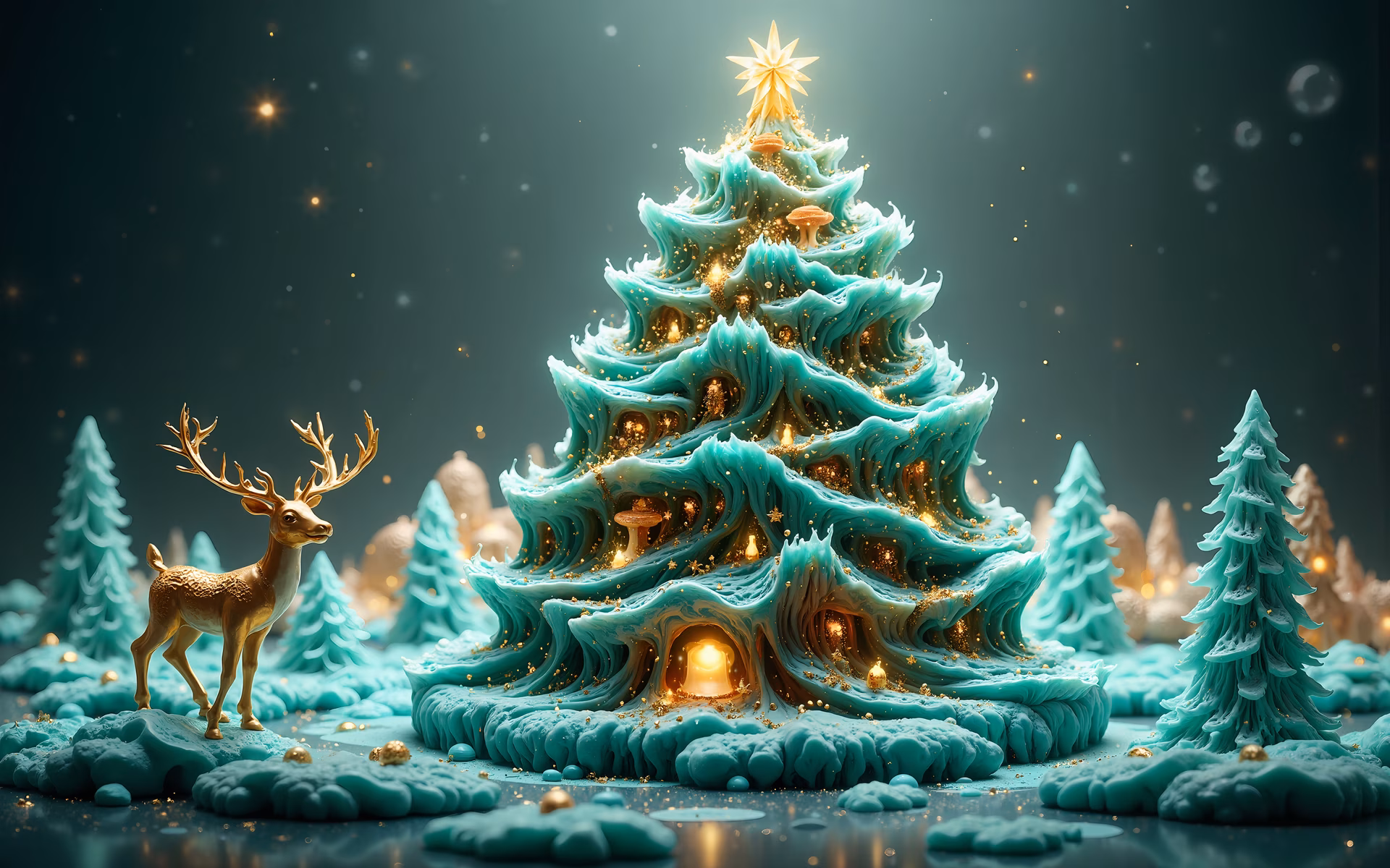 A frosty Christmas tree with golden lights and a deer in a magical winter setting.