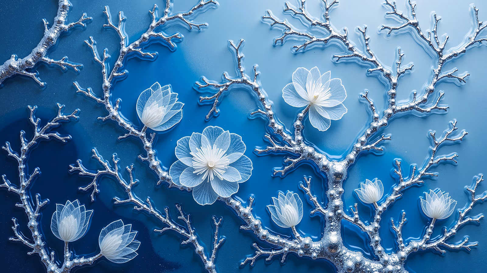 Delicate white blossoms on frosty branches against a cool blue gradient.