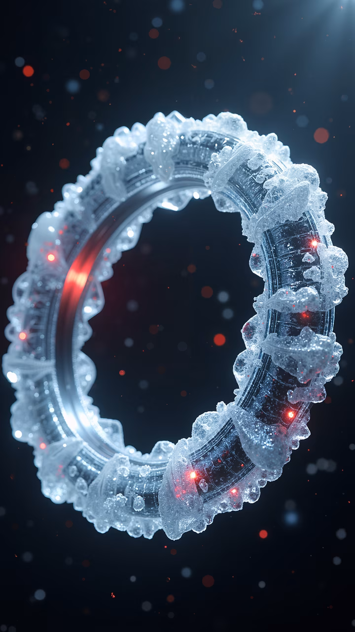 Futuristic icy ring with glowing red lights against a mysterious backdrop.