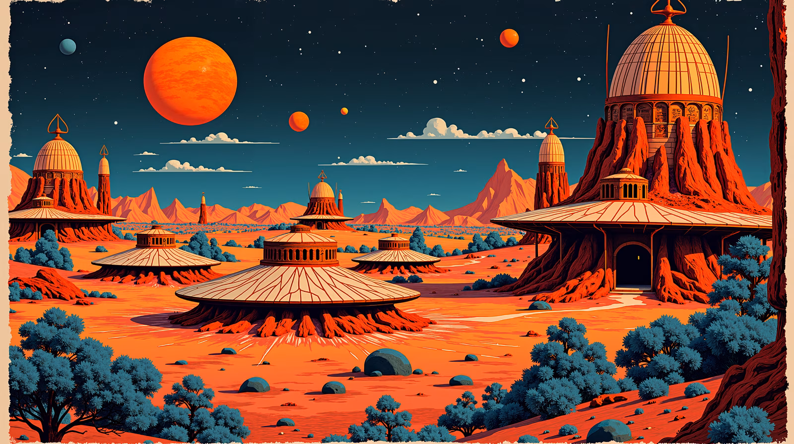 Futuristic desert oasis with dome-shaped structures and an orange planet in the background.