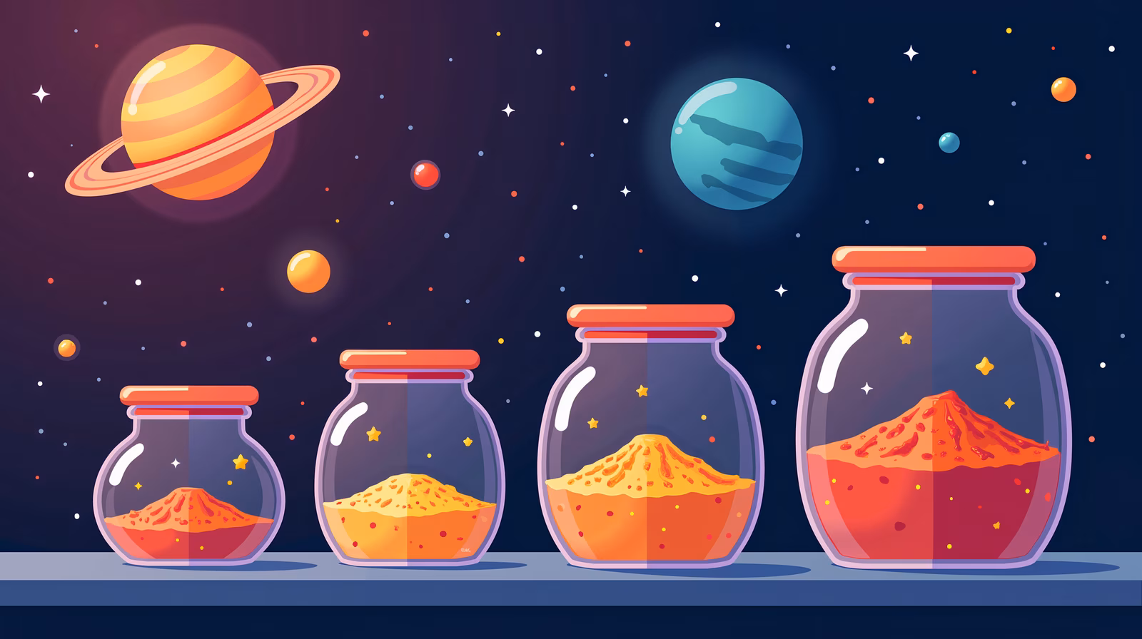 Colorful jars in a cosmic setting, blending science fiction and fantasy.