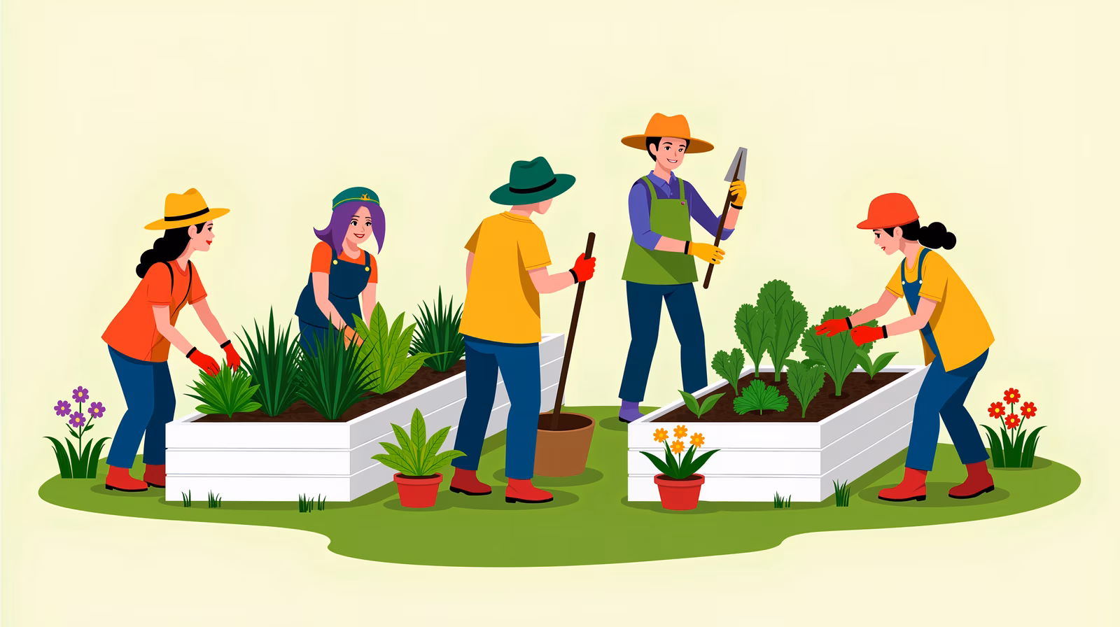 Five people working together in a colorful garden illustration.