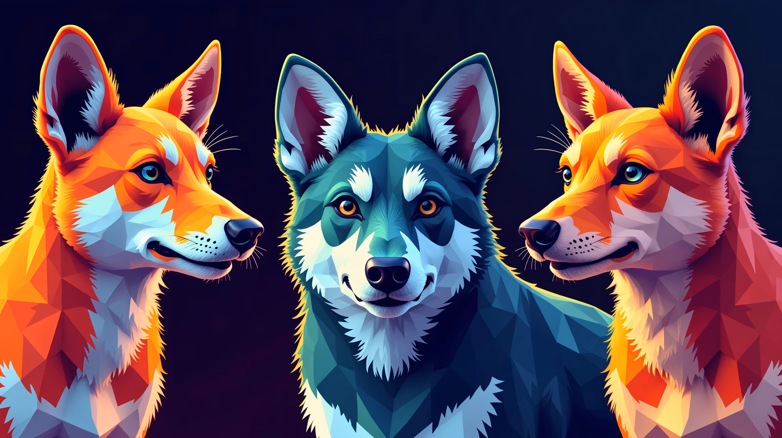 Vibrant geometric foxes in a dynamic, colorful illustration.