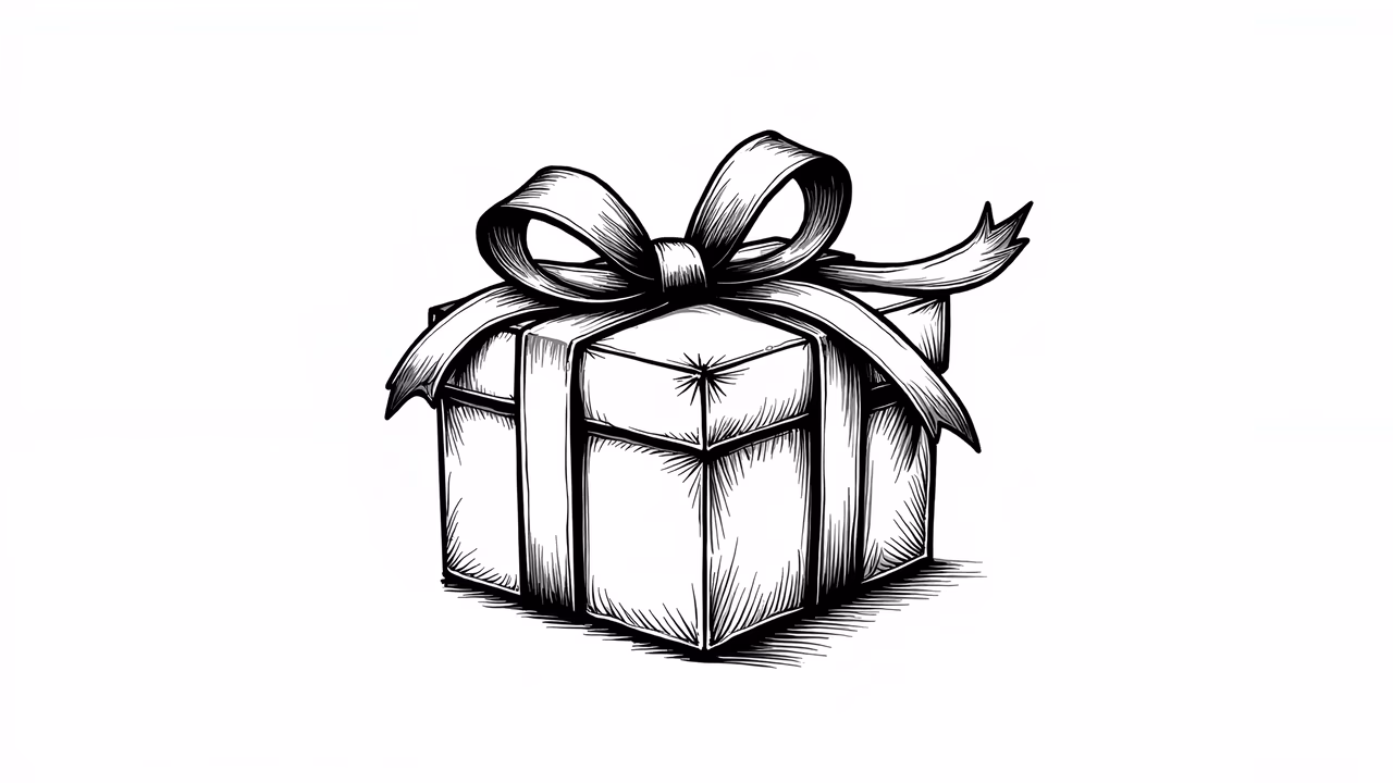 Detailed black-and-white illustration of a gift box with a bow, perfect for festive occasions.