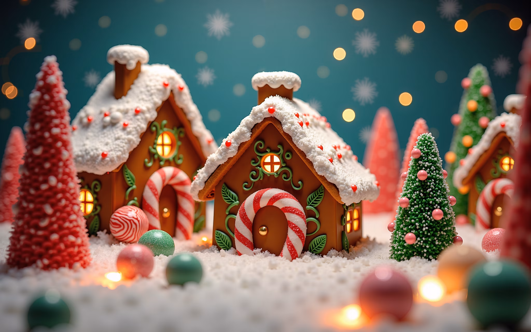 A delightful gingerbread village with candy canes and festive decorations, perfect for Christmas celebrations.