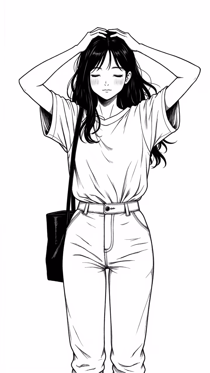 Casual fashion illustration of a girl adjusting her hair.
