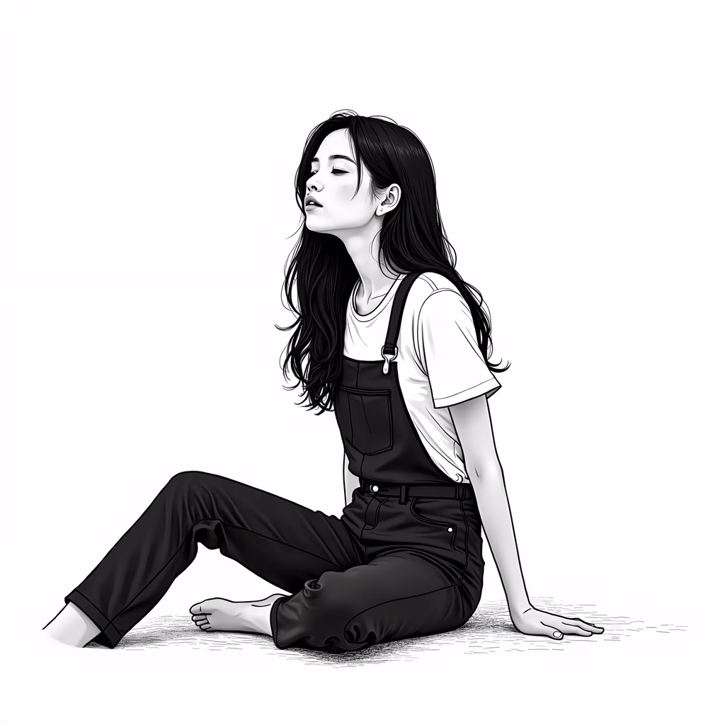 Monochrome illustration of a girl sitting on the ground, evoking introspection.