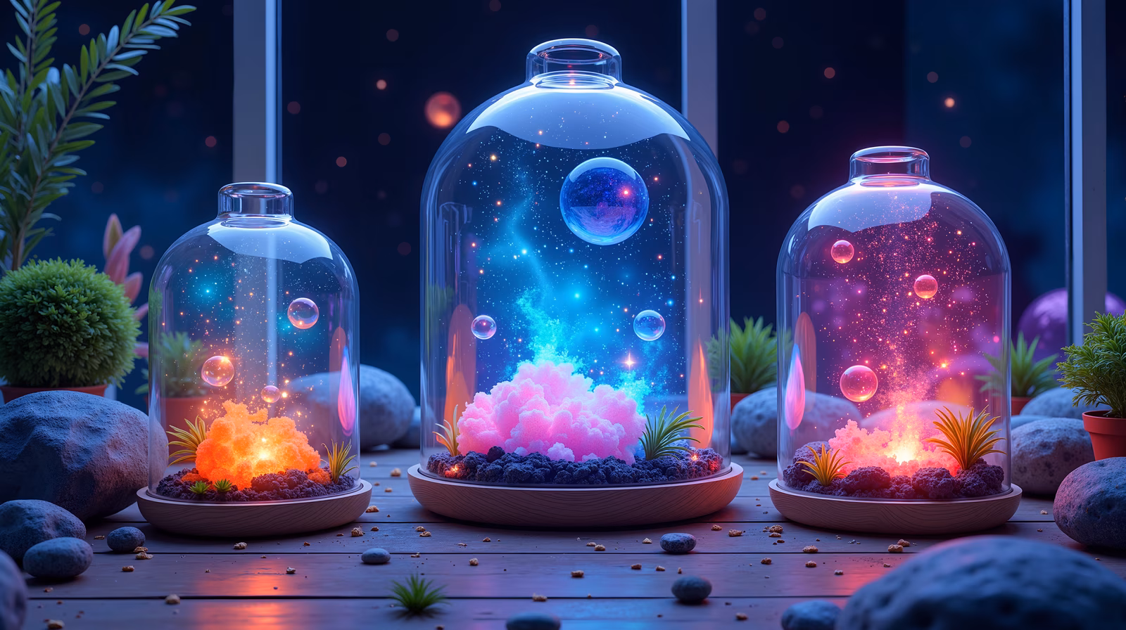 Magical glass dome terrariums with glowing elements and vibrant colors.