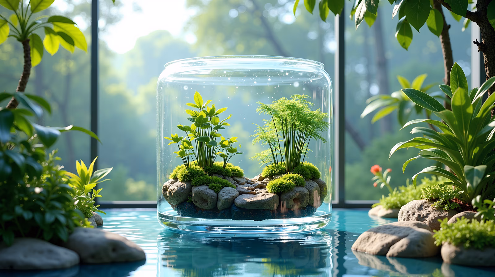 A peaceful glass terrarium filled with greenery and moss, illuminated by natural light.