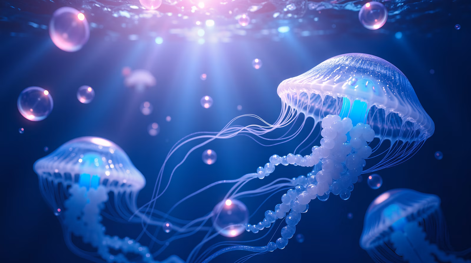 Glowing jellyfish in a mesmerizing underwater scene.