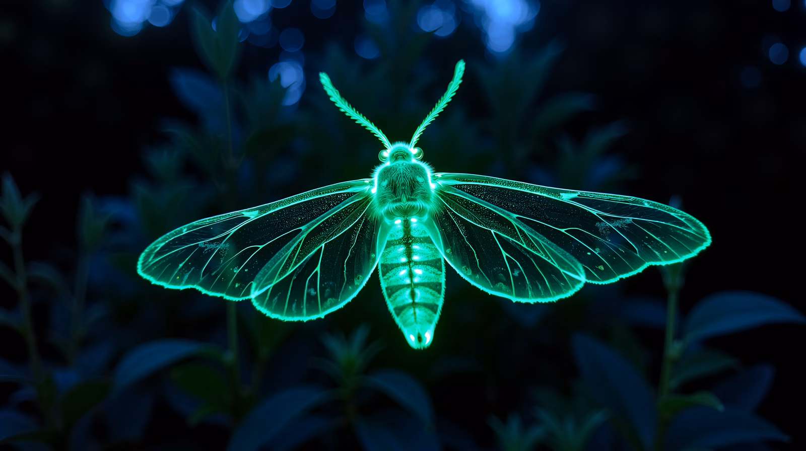 A glowing moth in a mysterious, enchanted night setting.