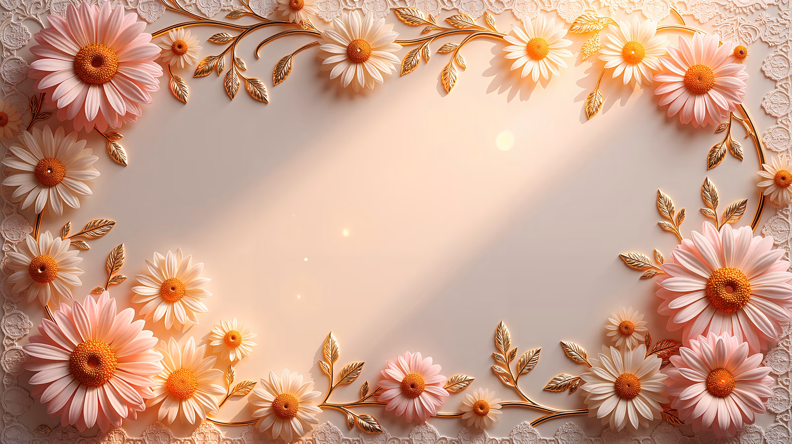 Elegant golden floral frame with pink flowers on a beige background.