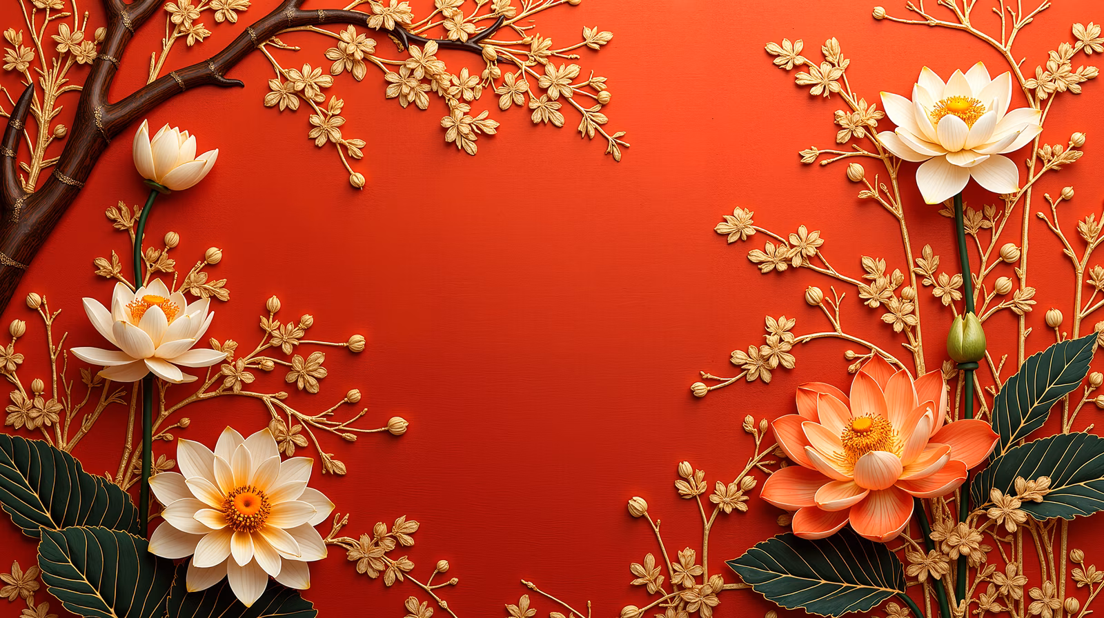 Golden lotus flowers on a vibrant red background, creating a luxurious and elegant illustration.