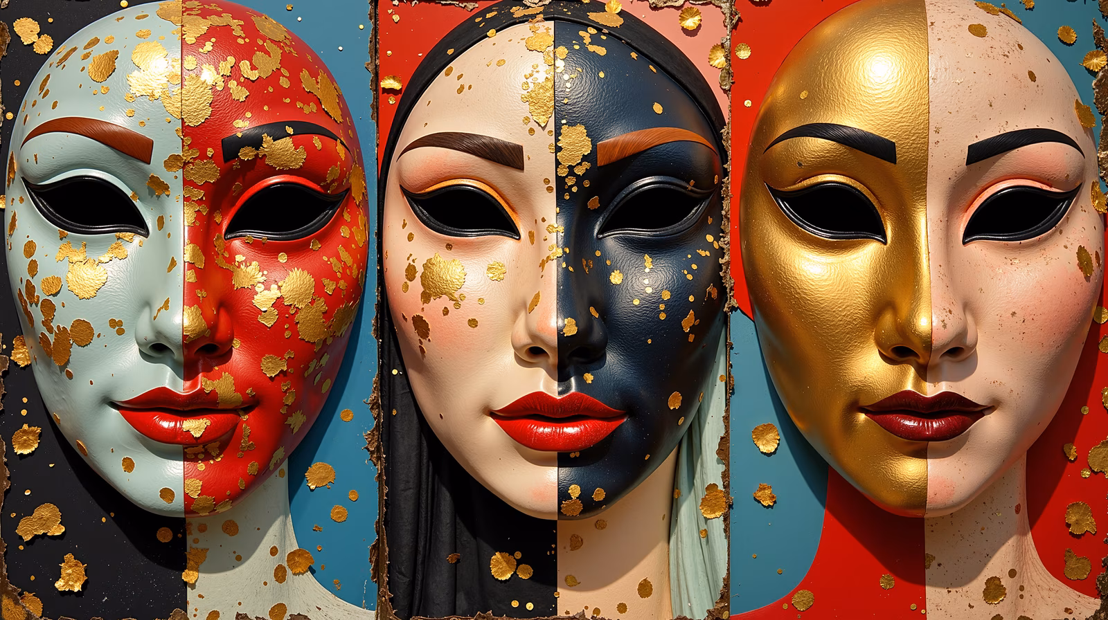 Stylized masks with gold leaf accents and bold makeup on contrasting backgrounds.