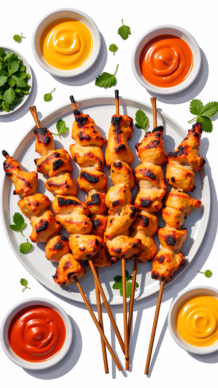 Delicious grilled chicken skewers with dipping sauces, perfect for a summer barbecue!