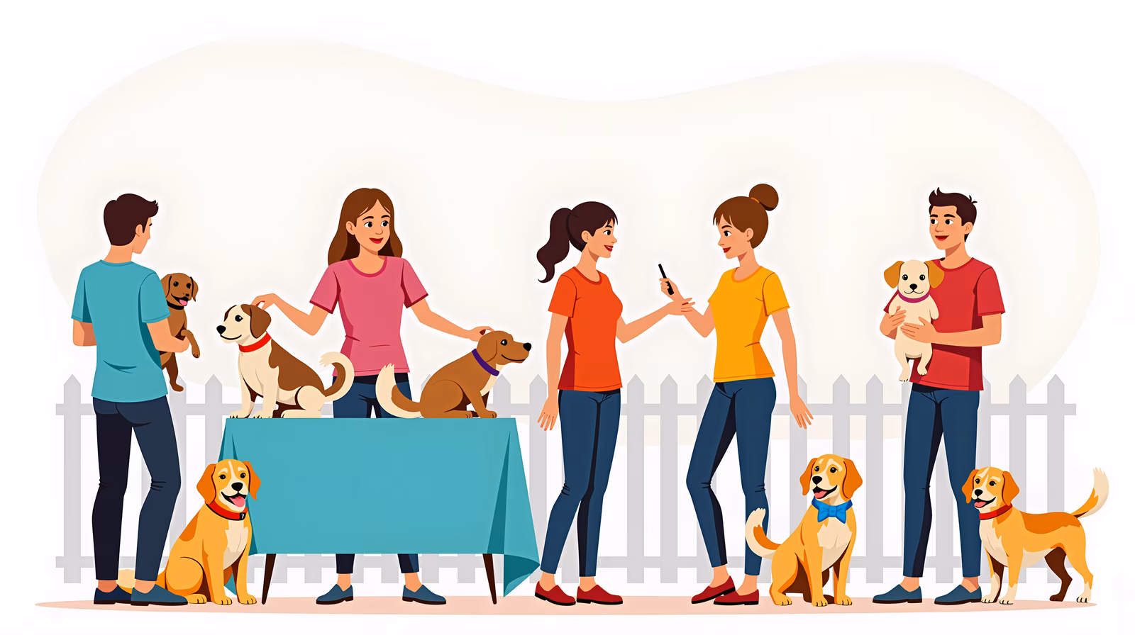 A joyful gathering of people and their pets in a warm outdoor setting.