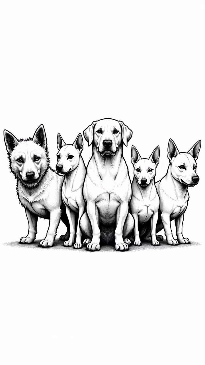 Monochrome illustration of five dogs sitting together, emphasizing unity and detail.
