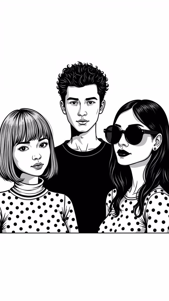 Stylish polka dot group portrait in black and white illustration.