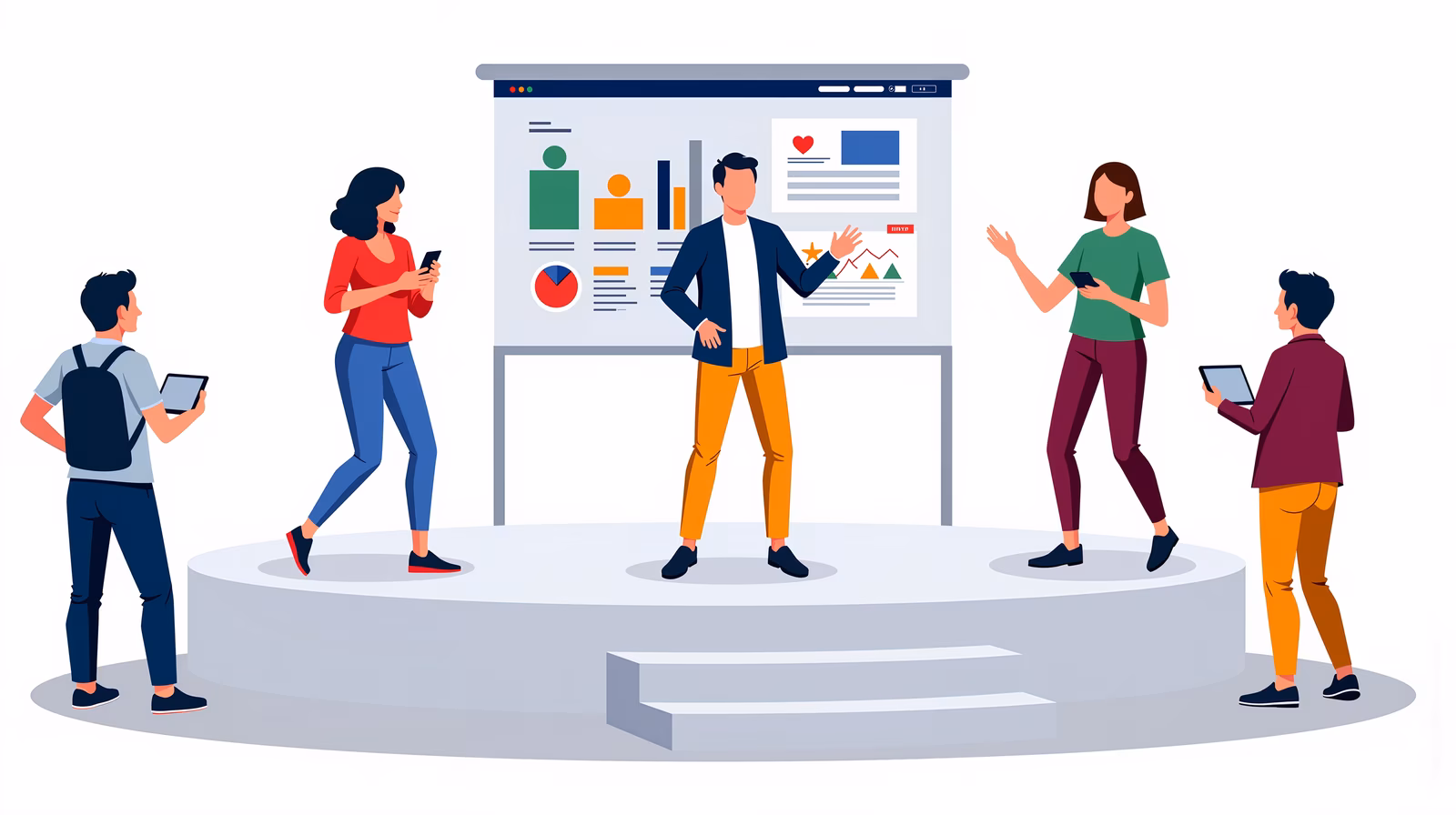 A dynamic group presentation scene with colorful charts and engaged participants.
