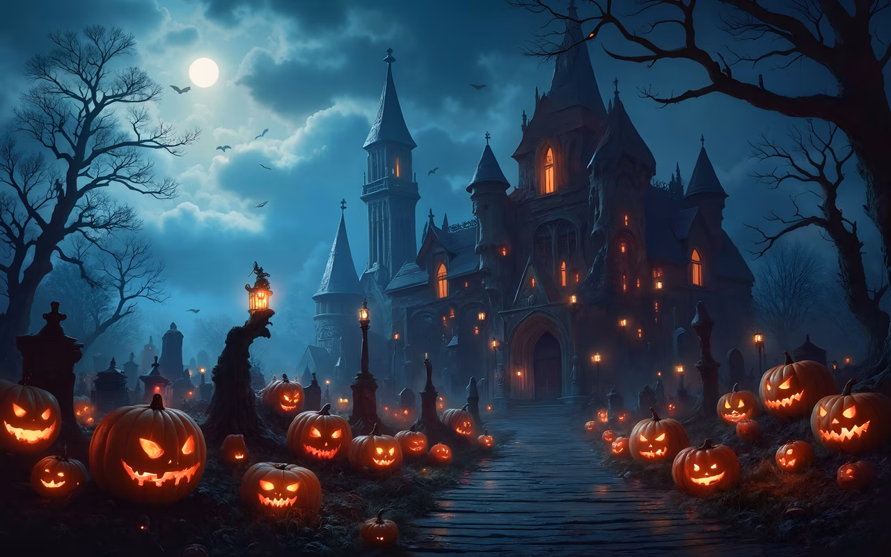 Eerie Halloween castle with glowing jack-o'-lanterns and moonlit sky.