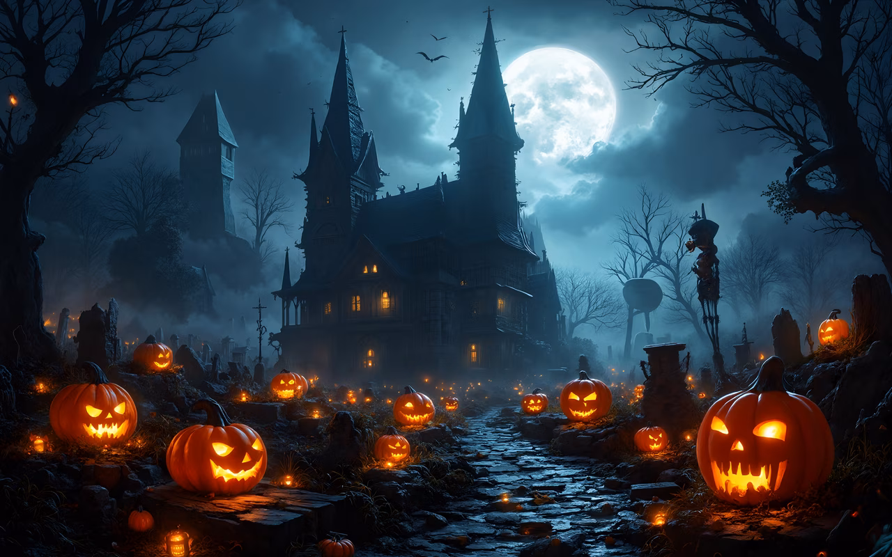 A spooky Halloween illustration with glowing jack-o'-lanterns and a gothic castle under a full moon.