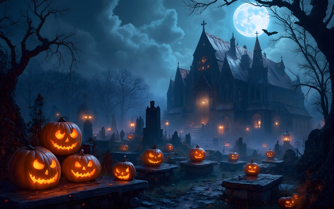 Glowing jack-o'-lanterns and a Gothic church under a full moon create a spooky Halloween ambiance.