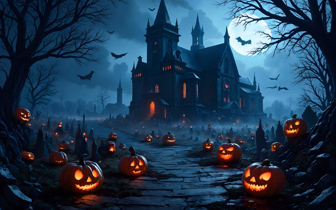 A spooky Halloween scene featuring a haunted church and glowing jack-o'-lanterns under a full moon.