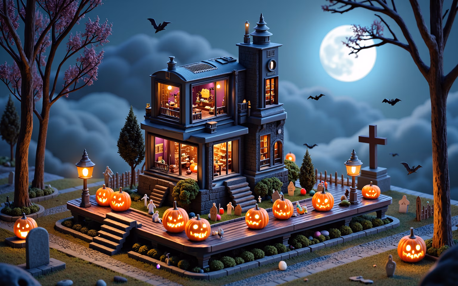 Spooky Halloween haunted house with glowing jack-o'-lanterns and a full moon.