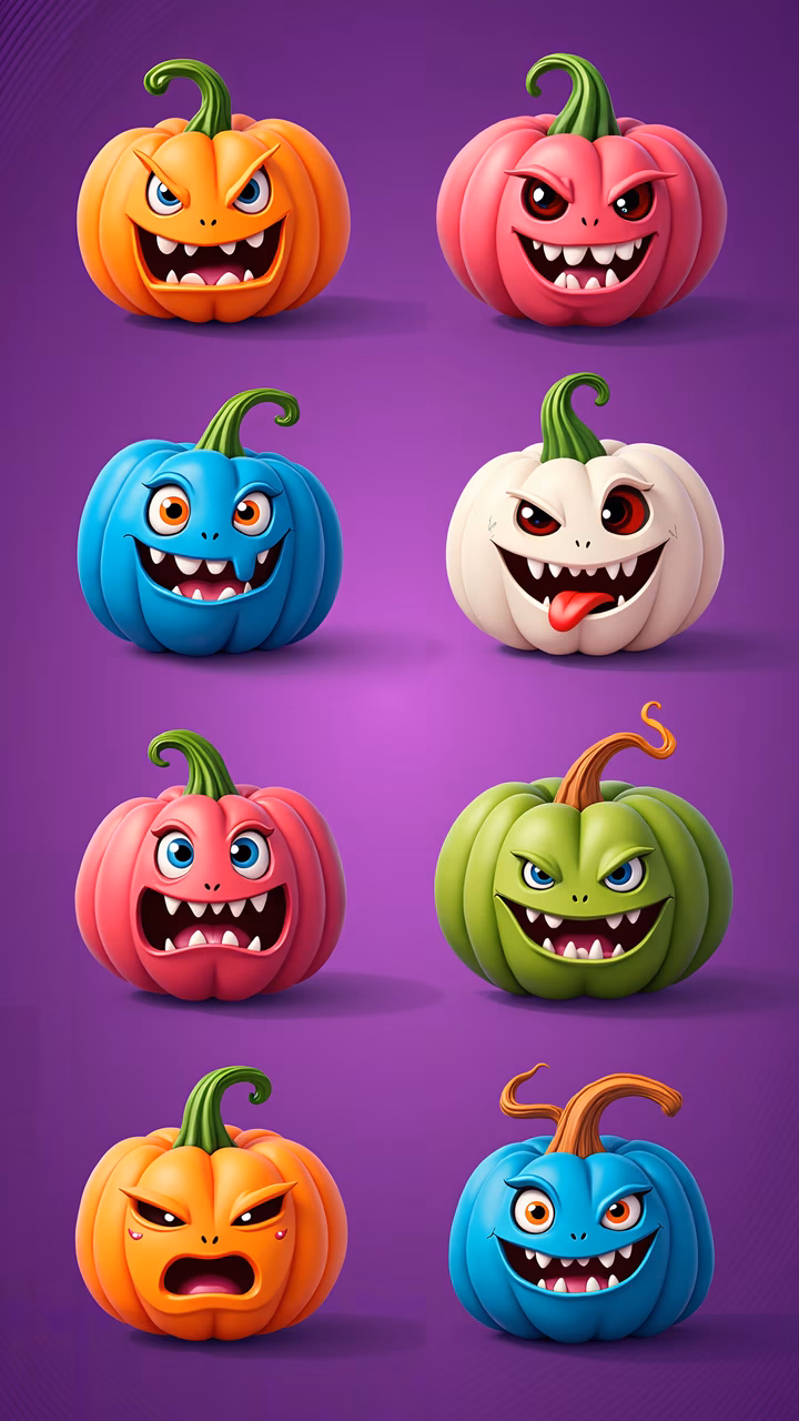 Colorful Halloween pumpkins with expressive faces on a purple background.