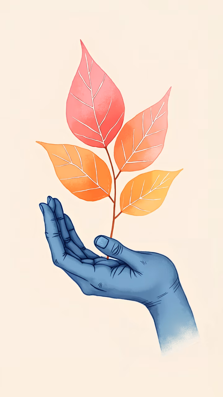 A hand holding autumn leaves in a serene, nurturing scene.