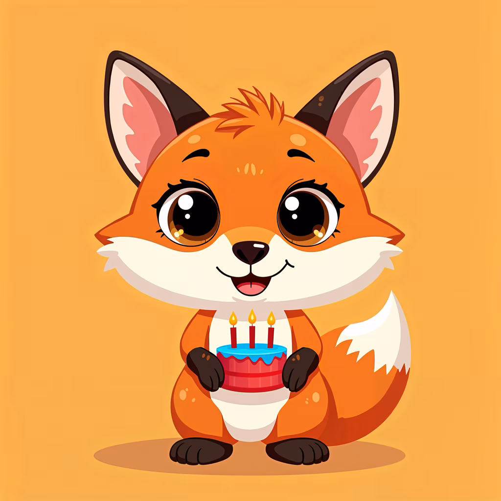 A happy fox celebrating with a birthday cake, perfect for kids' art.