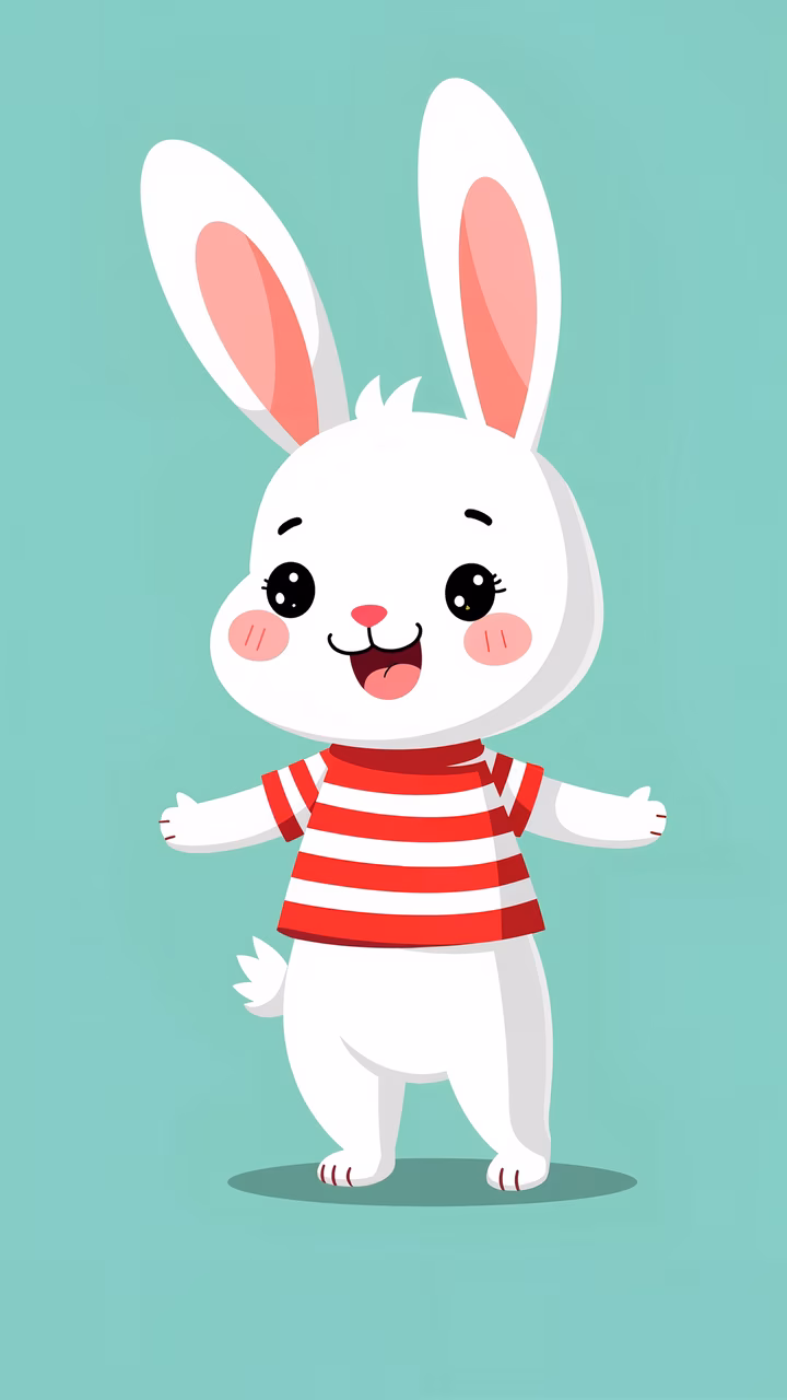 A cute, smiling bunny in a striped shirt on a mint green background.