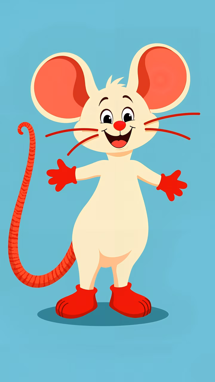 A cute, smiling mouse in red boots on a light blue background.