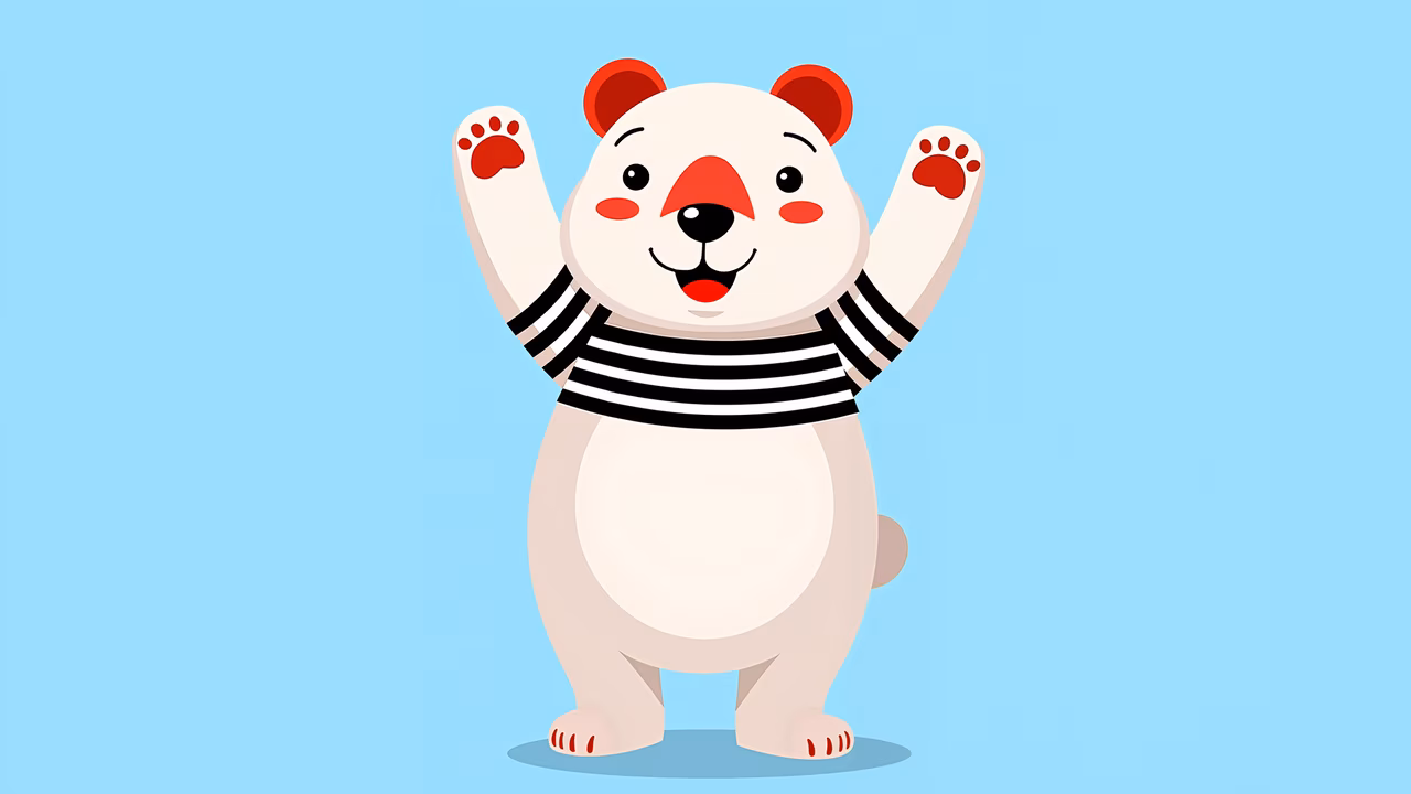 A cute polar bear in a striped shirt, raising arms in joy, set against a light blue background.