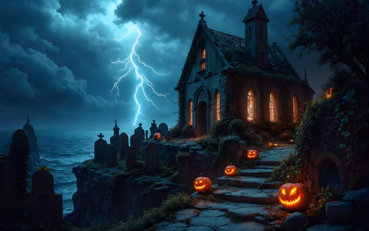 A chilling Halloween illustration featuring a haunted chapel and glowing pumpkins.