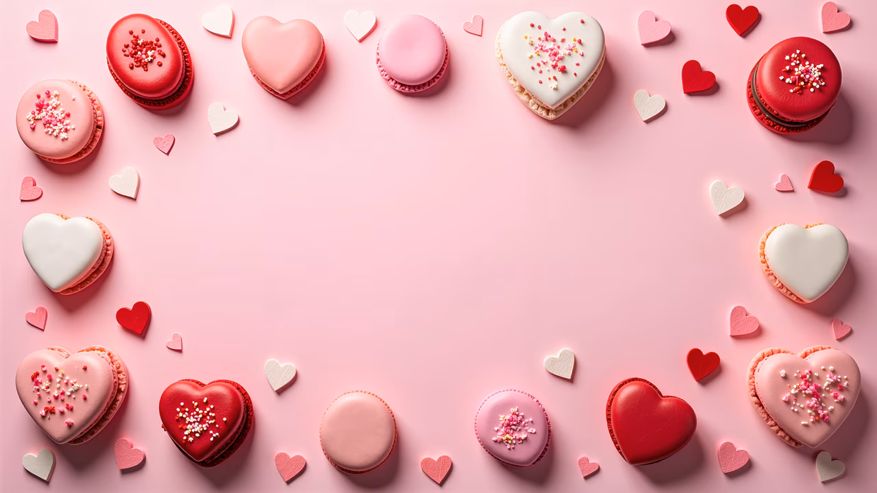Heart-shaped macarons on a pink background, perfect for Valentine’s Day.