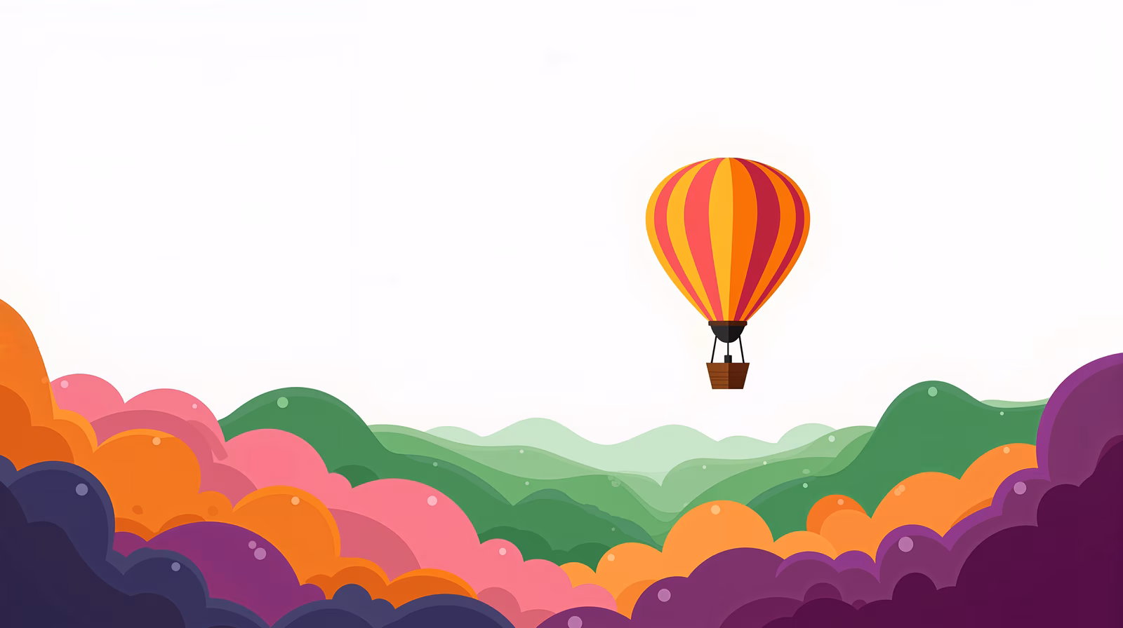 Whimsical hot air balloon journey over colorful hills and clouds.
