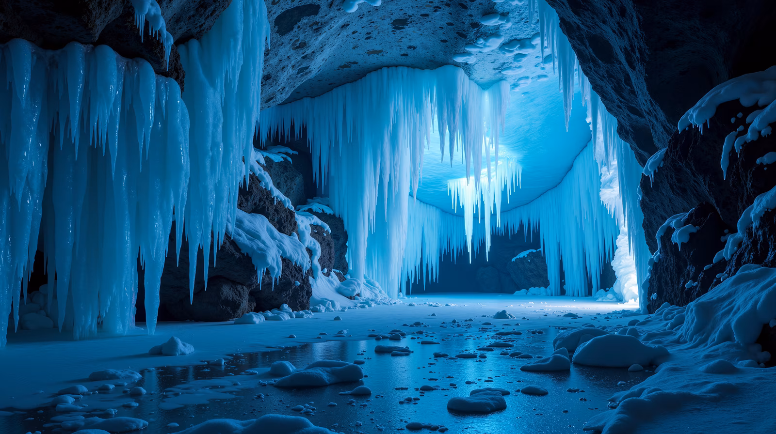 A serene icy cave with towering icicles and a cool blue glow.