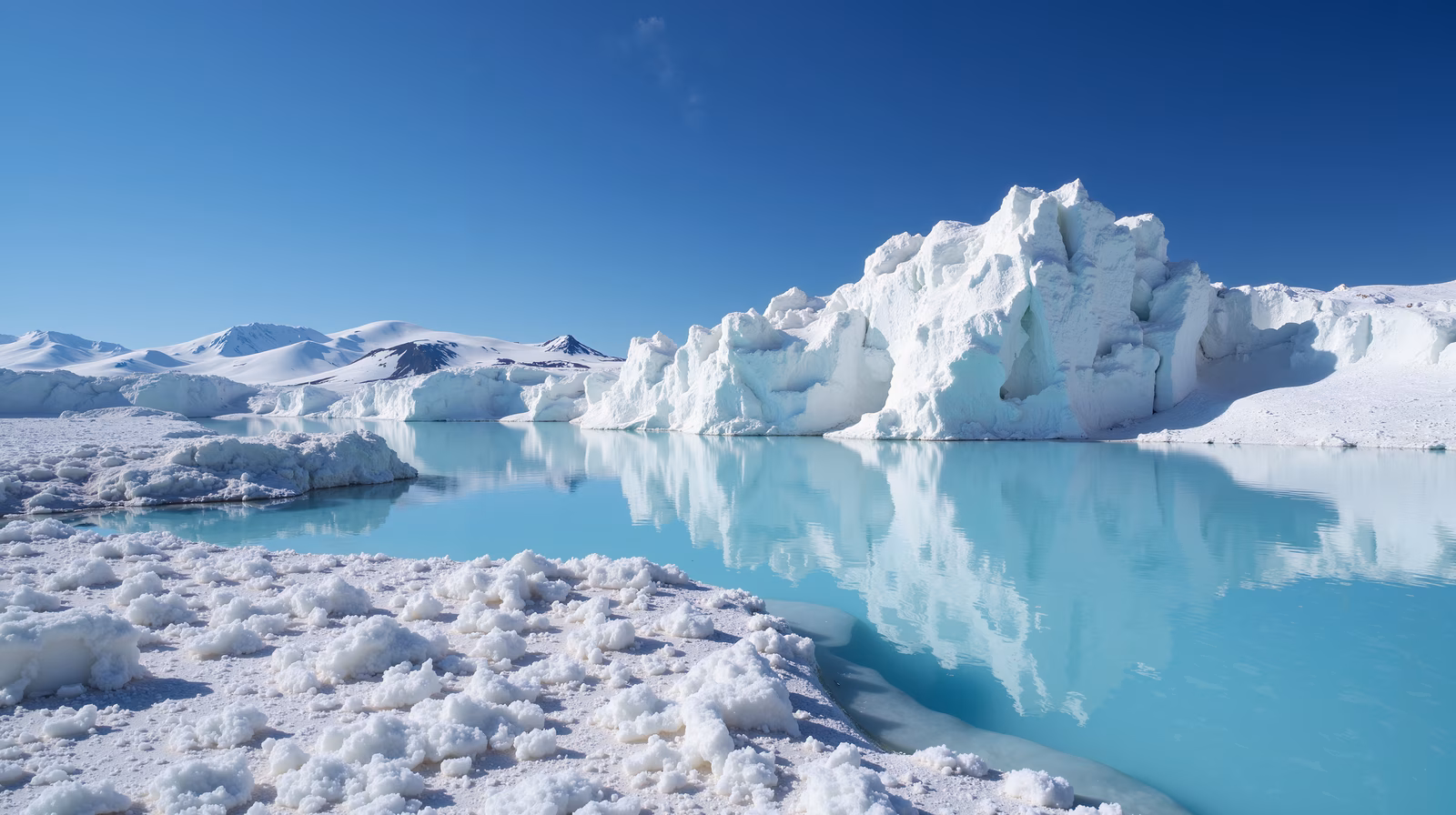 A majestic iceberg reflects in a turquoise lake amidst snow-covered mountains.