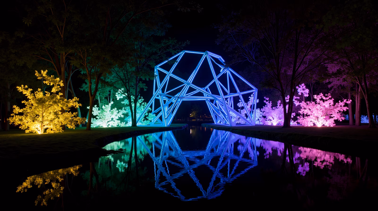 Enchanting illuminated sculpture reflecting in serene waters, surrounded by colorful trees.