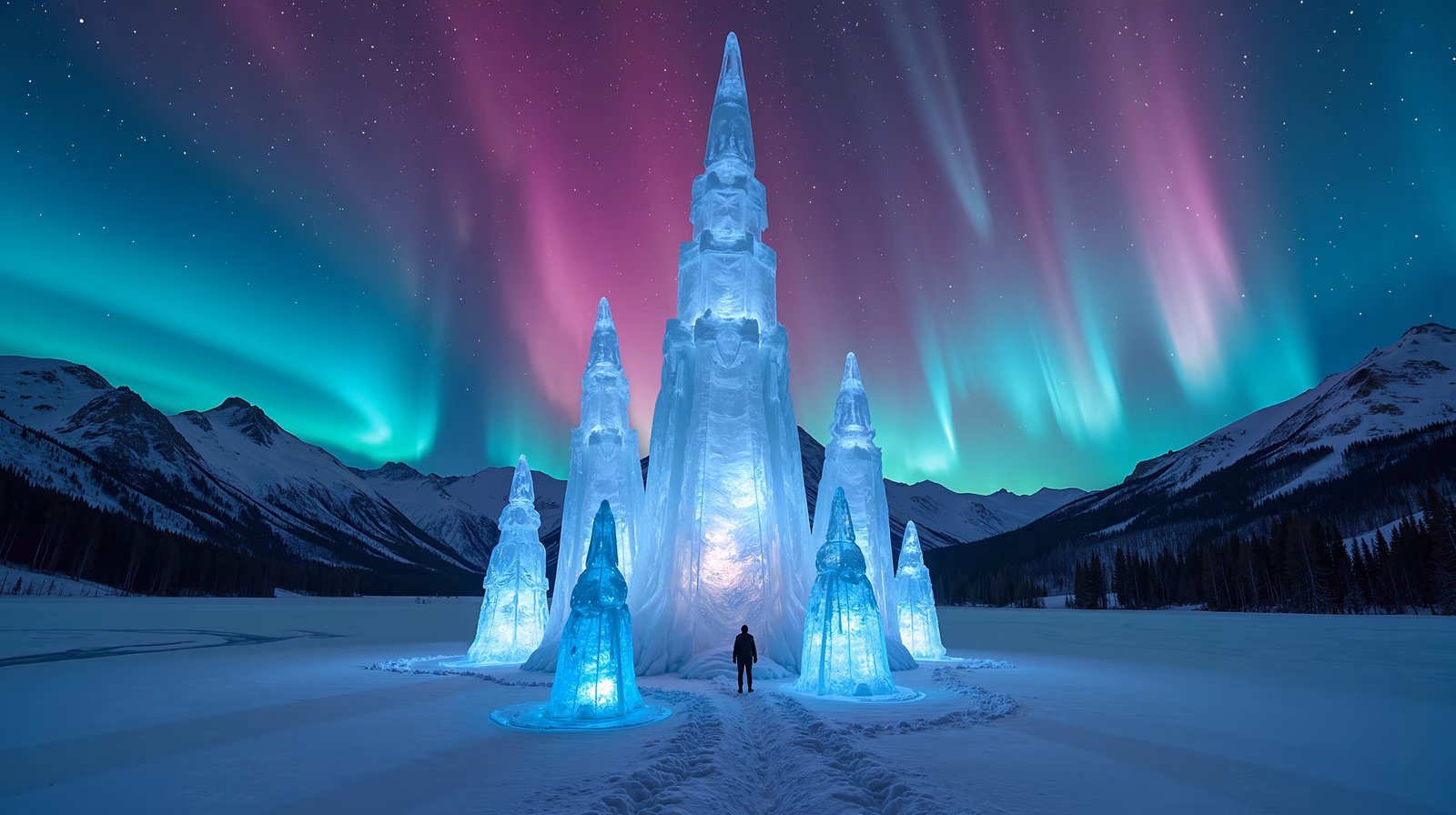 Illuminated ice castle under the northern lights, serene winter landscape.