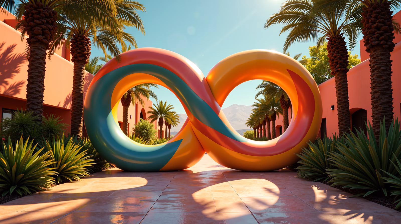 A colorful infinity loop sculpture in a tropical setting, blending modern art with nature.