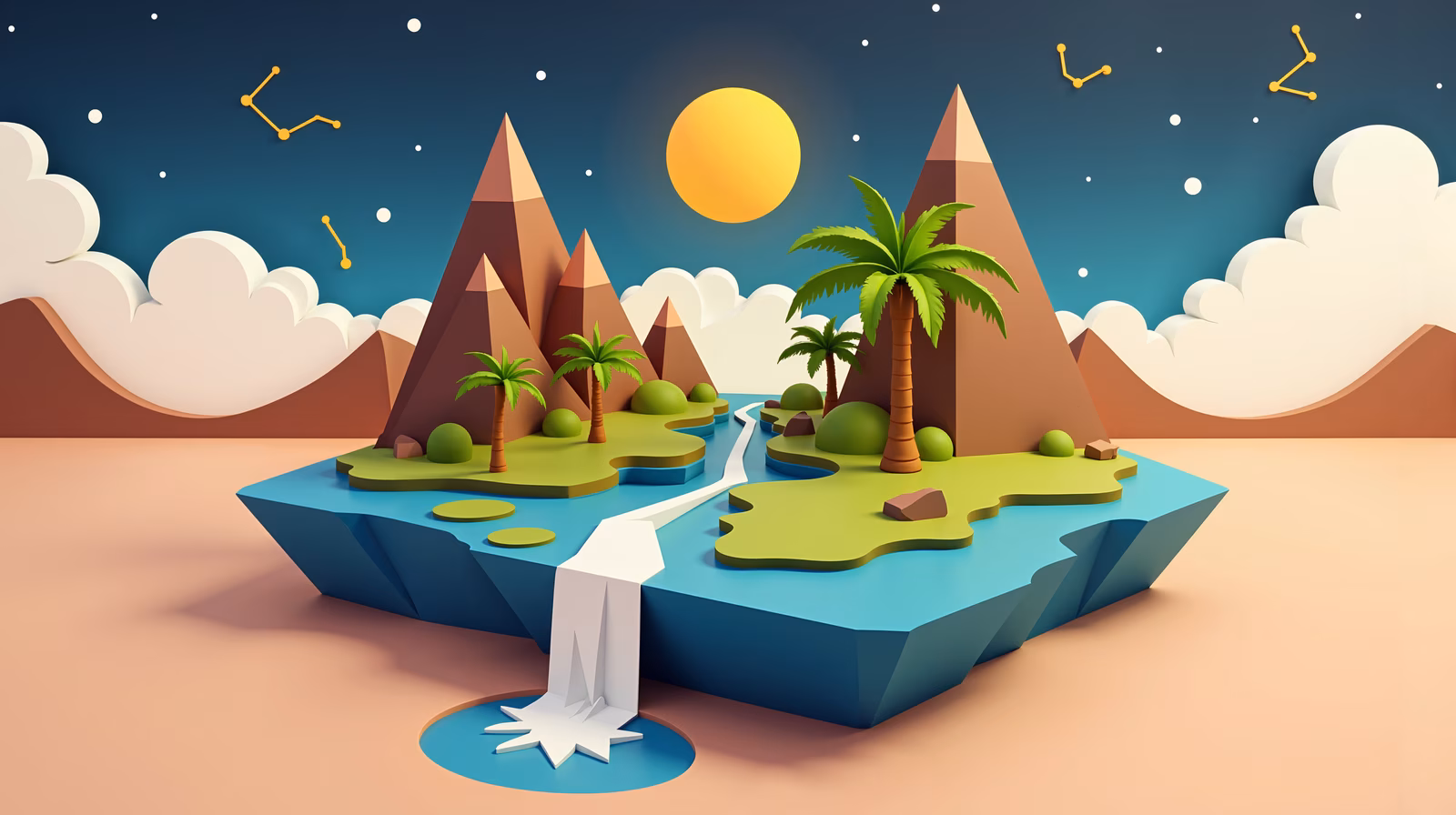 Whimsical island fantasy with bold colors and geometric shapes.