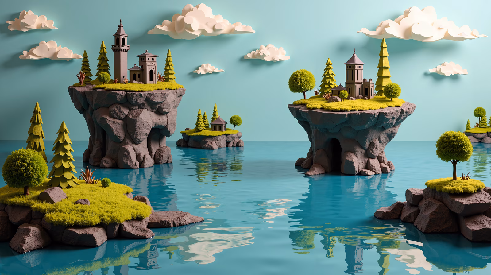 A tranquil fantasy landscape with floating islands and whimsical architecture.